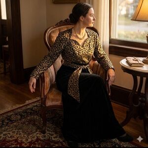 Vintage Hand Made Chiffon Baroque Print Textured Sweetheart Neck+ sash Festive